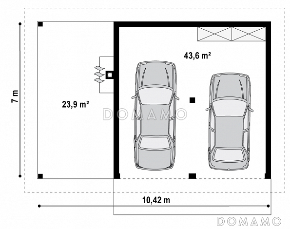 Проект гаража из кирпича для двух авто с отдельными воротами и барбекю на террасе  / План 1 этажа