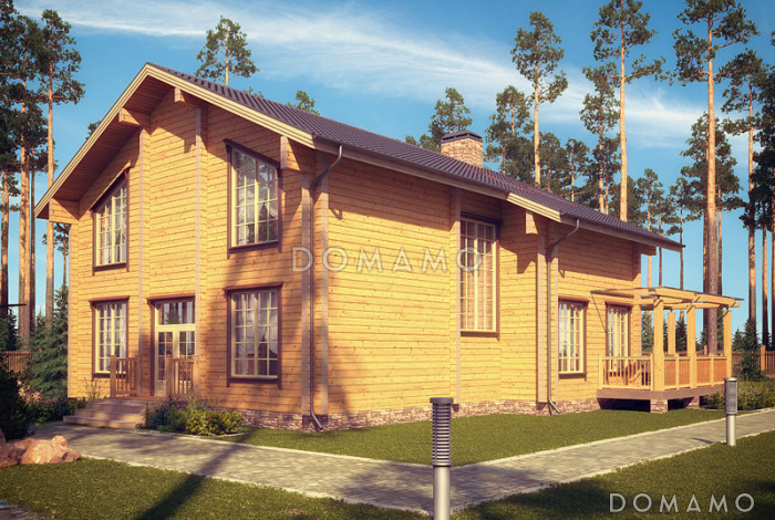 Проект деревянного дома с спальной комнатой на первом этаже