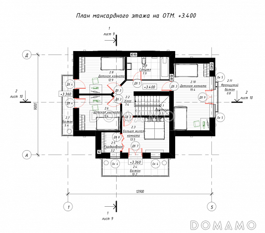 Проект дома с 4 спальнями, свободной планировкой кухни-гостиной-столовой и балконами на мансарде / План мансардного этажа