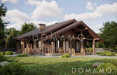 Проект выразительного одноэтажного дома с двухскатной крышей в разных уровнях, большой террасой и вторым светом