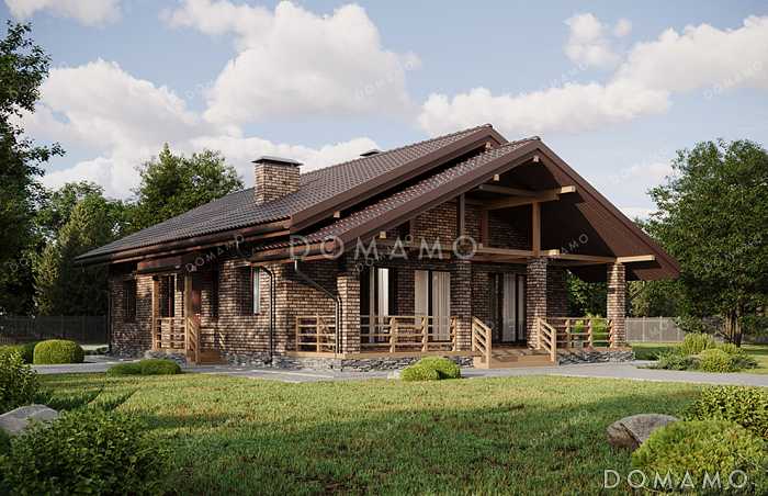 Проект выразительного одноэтажного дома с двухскатной крышей в разных уровнях, большой террасой и вторым светом