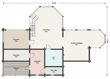 Проект стильного дома из клееного бруса с обширным остеклением и вторым светом / План 1 этажа