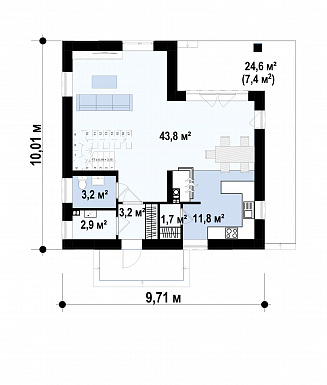 Проект загородного дома с камином, просторной гостиной, балконом, большой ванной с окном / План 1 этажа