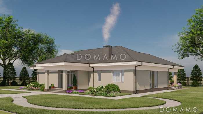 Проект одноэтажного каркасного дома с цветочной террасой и просторной кухней-гостиной