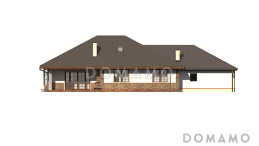 Проект одноэтажного дома из кирпича с мансардой, гаражом на два автомобиля и зоной барбекю на террасе / Фасад 3