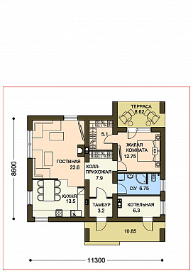 Проект небольшого одноэтажного дома с гардеробной и приватной террасой / План 1 этажа