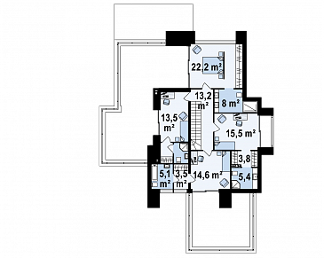 Проект большого современного двухэтажного дома из газобетона с четырьмя спальнями, кабинетом и гаражом для участка с рельефом / План 2 этажа