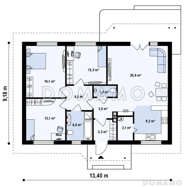 Проект одноэтажного дома из кирпича с тремя спальнями и крытой террасой / План 1 этажа