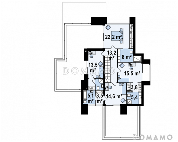 Проект большого современного двухэтажного дома из газобетона с четырьмя спальнями, кабинетом и гаражом для участка с рельефом / План 2 этажа