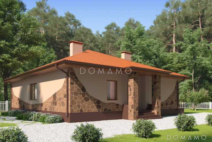 Проект одноэтажного дома с террасой, кладовой в большой кухне-столовой, сауной