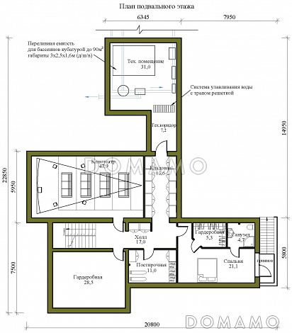 Проект крупномасштабного двухэтажного дома в стиле хай-тек с подвалом и бассейном / План цокольного этажа