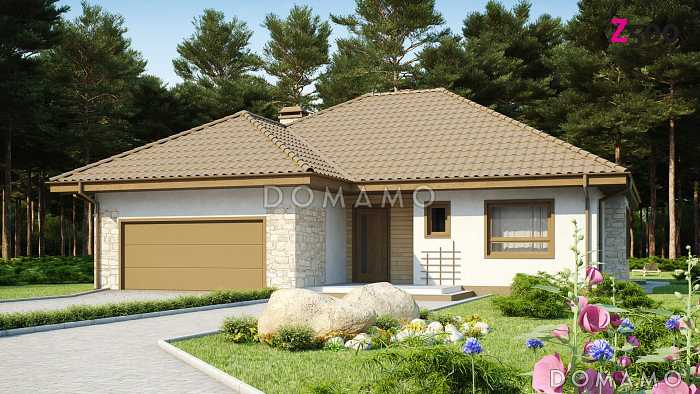 Проект одноэтажного дома с эркером и гаражом из кирпича со свободной планировкой мансардного этажа