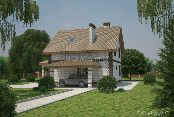 Проект компактного коттеджа с мансардным этажом и навесом под автомобиль, с наличием сауны