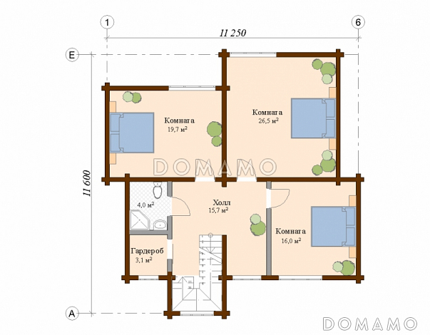 Проект двухэтажного дома из клееного бруса с навесом для авто / План мансардного этажа