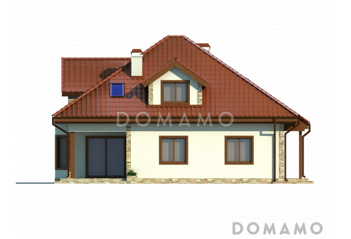 Проект просторного одноэтажного мансардного дома из газобетона с кабинетом, эркером и гаражом / Фасад 2