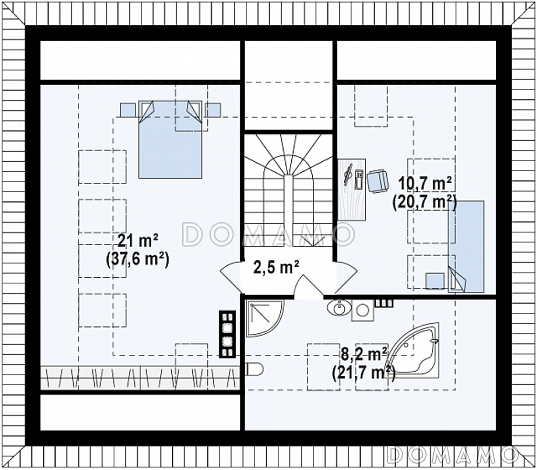 Проект одноэтажного дома из кирпича с тремя спальнями и небольшой крытой угловой террасой, с жилой мансардой / План мансардного этажа