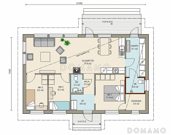Проект современного одноэтажного каркасного дома с двумя небольшими спальнями / План 1 этажа