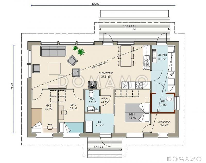 Проект современного одноэтажного каркасного дома с двумя небольшими спальнями / План 1 этажа