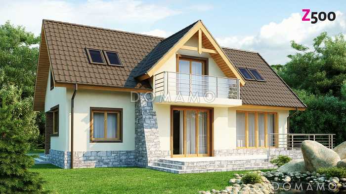 Проект просторного одноэтажного мансардного дома из кирпича с кабинетом, четырьмя спальнями и гаражом на два автомобиля