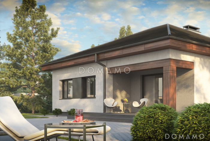 Проект одноэтажного дома из газобетона с тремя спальнями и небольшой крытой угловой террасой 