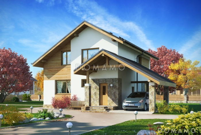 Проект загородного дома из СИП панелей с мансардой и навесом для машины