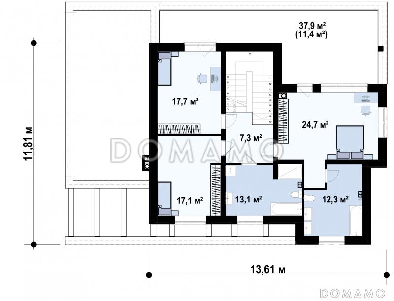 Проект двухэтажного загородного дома с комнатой отдыха, сауной, террасами, кладовой / План 2 этажа