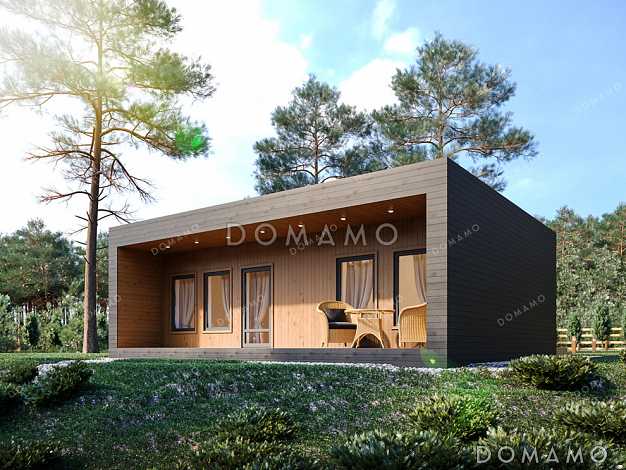 Проект маленького современного дома со стильной террасой, гостиной и кухней