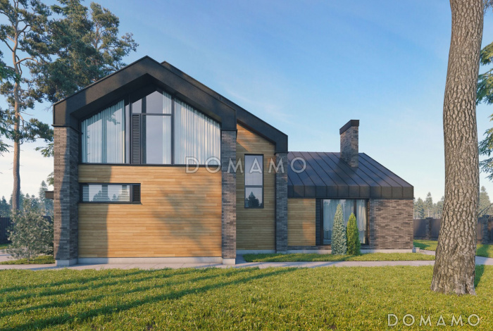 Проект каркасного дома в стиле барнхаус с мастер-спальней, СПА зоной и одноместным автонавесом