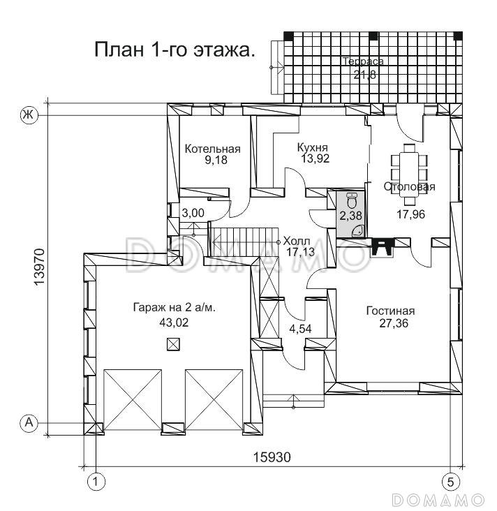 Проект дома с гаражом на два автомобиля и чердаком / План 1 этажа