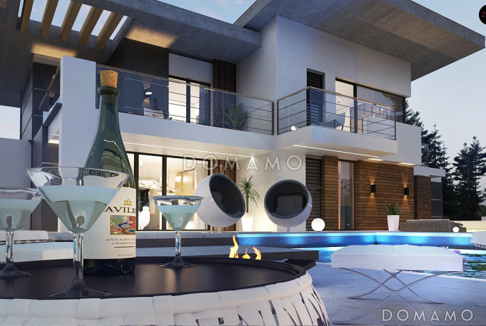 Проект загородного дома с подвалом, гаражом, кладовой в центре кухонной зоны, спальнями с санузлами на втором этаже