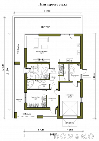 Проект двухэтажного дома в стиле хай-тек с мастерской-гаражом, очень просторной террасой и вторым светом / План 1 этажа