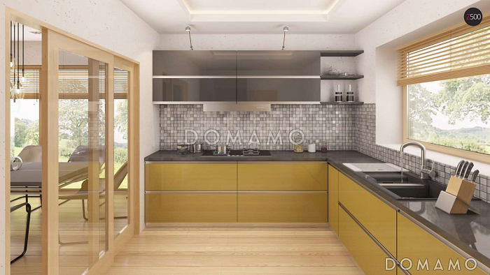 Проект одноэтажного дома из кирпича со стеклянным эркером в просторной гостиной и гаражом на два автомобиля