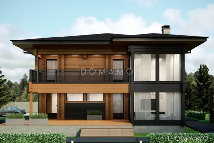 Проект дома из клееного бруса с двумя навесными балконами