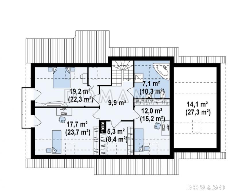 Проект одноэтажного мансардного дома из кирпича с четырьмя спальнями, эркером и гаражом / План мансардного этажа
