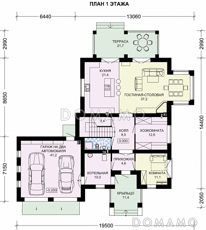 Проект двухэтажного дома с вместительным гаражом для двух авто / План 1 этажа