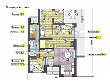Проект дома с косой крышей, спальнями на первом этаже, верандой, террасой, сауной на мансардном этаже, вторым светом, балконом / План 1 этажа