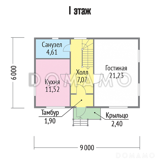 Проект двухэтажного каркасного дома 6х9 / План 1 этажа