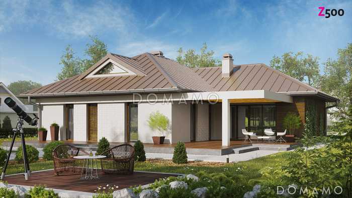 Проект одноэтажного дома из кирпича с большой угловой террасой и гаражом на два автомобиля