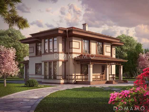 Проект двухэтажного дома из пеноблоков в бежево-коричневом цвете с верандой