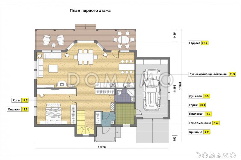 Проект дома из пеноблоков с эркером и гаражом для одной машины / План 1 этажа