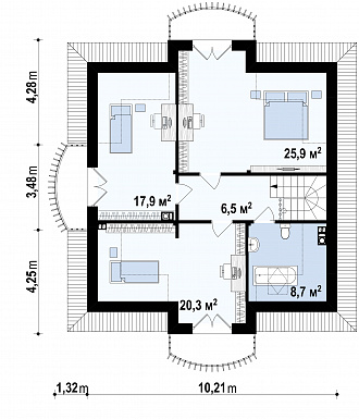 Проект классического одноэтажного мансардного дома из кирпича с кабинетом, хозяйственным помещением и с балконами в каждой из трёх спален / План мансардного этажа