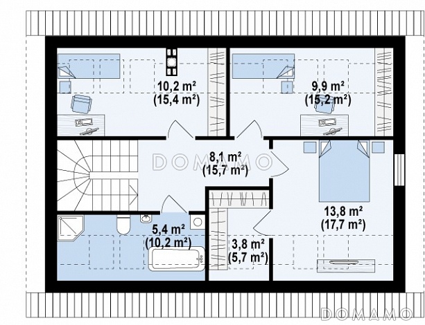 Проект одноэтажного мансардного дома из газобетона с большим техническим помещением и тремя спальнями / План мансардного этажа