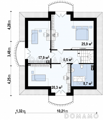 Проект классического одноэтажного мансардного дома из кирпича с кабинетом, хозяйственным помещением и с балконами в каждой из трёх спален / План мансардного этажа