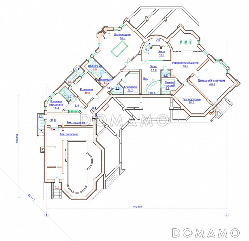 Проект коттеджа с угловой планировкой и бассейном / План цокольного этажа