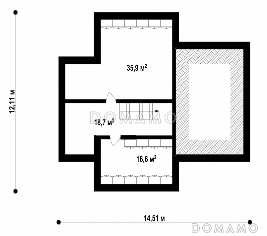Проект загородного дома с подвалом, гаражом, террасой, кладовой на кухне, балконом / План цокольного этажа