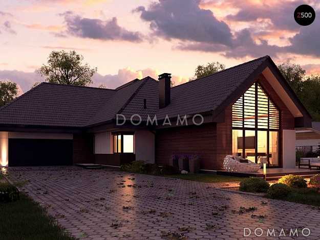 Проект большого одноэтажного дома из газобетона с четырьмя спальнями, гаражом и панорамным остеклением гостиной