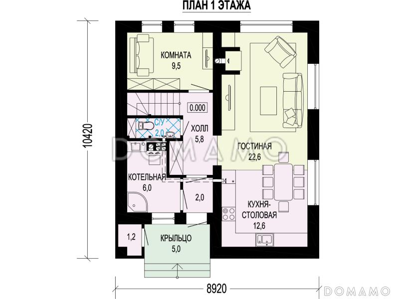 Проект загородного дома с тремя санузлами, гостиной с камином, кладовой у крыльца / План 1 этажа