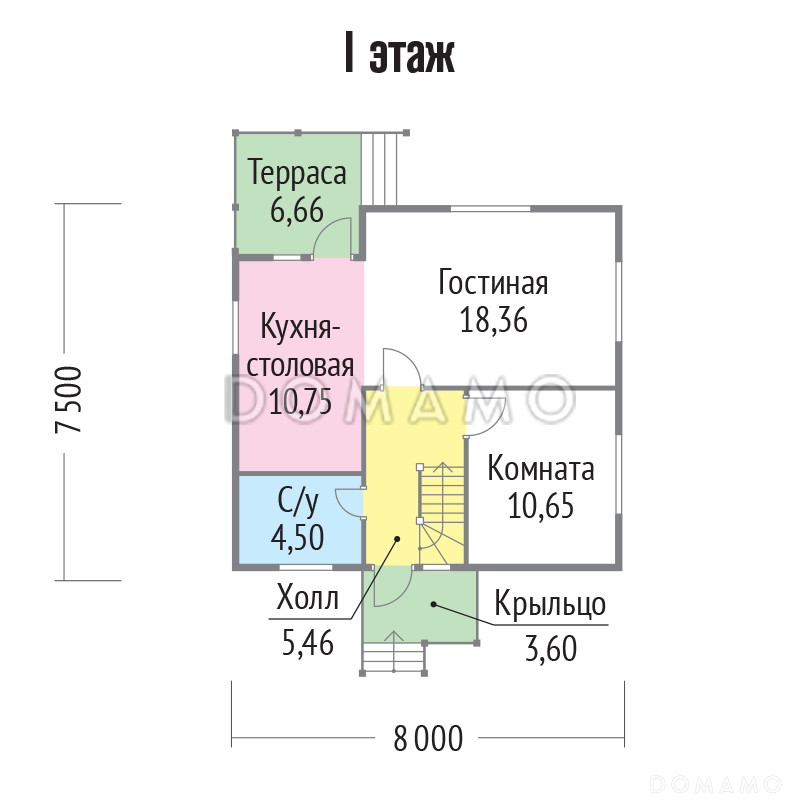 Проект каркасного дома 8х7 с мансардой / План 1 этажа