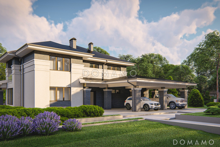 Проект  двухэтажного дома с гаражом на 2 машины, большой гостиной, проходом на кухню из прихожей, отдельным входом в котельную