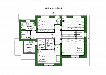 Проект большого дома с 5 спальнями, кабинетом и просторной гостиной / План 2 этажа